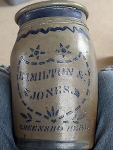 Stoneware Hamilton Jones Stars Shield Greensboro Pa Blue 10 Gallon Jar Crock