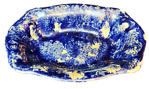 Antique 19th C Blue White Sponged Spatterware Serving Bowl Spongeware Stoneware