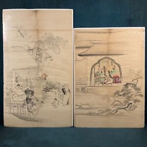 2 Of Antique 19th C Japanese Original Ink Watercolor Toba E Folk Art Paintings