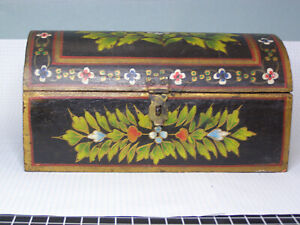Stunning Old Antique Tole Painted Domed Trunk Shape Wooden Box Floral Motif
