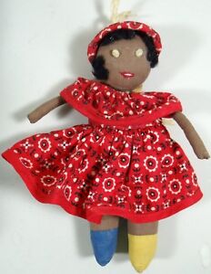 Antique Vtg Cloth Rag Doll African American Handmade 1920s 7 In Rustic Charm