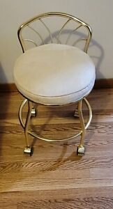 Vintage Vanity Goldtone Brass Chair Stool Off White Cushion Seat With Wheels
