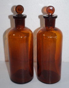 Matching Set Antique Amber Glass Apothecary Pharmecutical Glass Bottle W Stopper