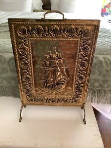 Vintage Fireplace Screen Brass Copper Metal Nautical Ship Stand Mcm