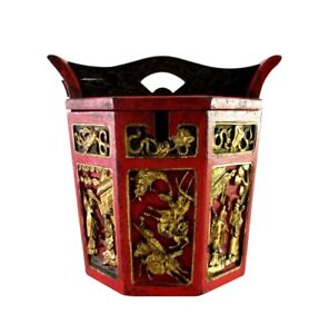Elaborate Vintage Chinese Hand Painted Carved Wood Rice Wedding Bucket