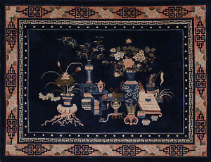 Navy Blue Pictorial Art Deco Chinese Rug 5x7 Wool Hand Knotted Dining Room Rug