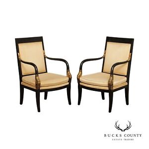 French Empire Style Pair Of Ebonized Partial Gilt Dolphin Carved Armchairs
