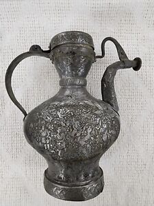 Middle Eastern Antique Copper Metal Teapot Ewer Pitcher Turkish Tatar Engraved 