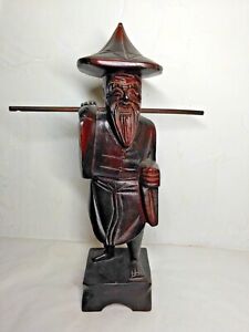Hand Carved Wood Chinese Man Sculpture Stick Notched On Each End