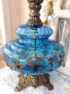 Fabulous Carl Falkenstein Hollywood Regency Blue Carnival Glass 3 Way Lamp