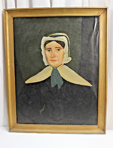 19th C Medium Portrait Painting Woman Oil On Canvas American Folk Art