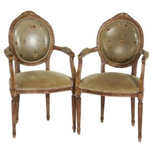 Antique Pair Of Louis Xvi Leather Carved Polychromed Giltwood Armchairs 20thc