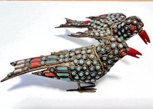 Vintage Tibetan Brass Turquoise Coral Decorated Bird Figurines