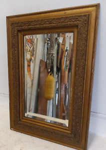 Antique Lovely Beveled Glass Mirror Fancy Ornate Carved Gilt Frame 20 By 28 