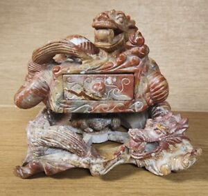 Antique Chinese Carved Stone Dragon Box W Drawer