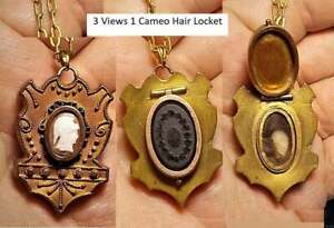 3 Sided Shell Cameo Mourning Hair Locket 1880 Cameo Blackoval Hair Lock Necklace