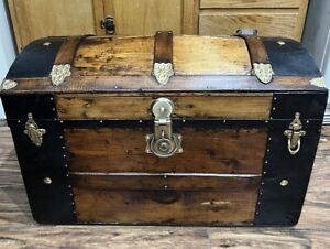 Antique Wood Steamer Dome Trunk Chest W Tray Refinished