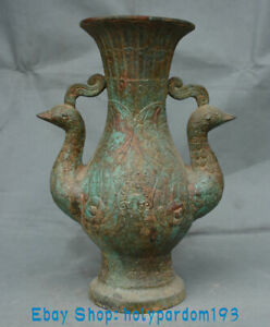 11 6 Ancient Old Chinese Bronze Ware Dynasty Two Phoenix Head Beast Face Vase