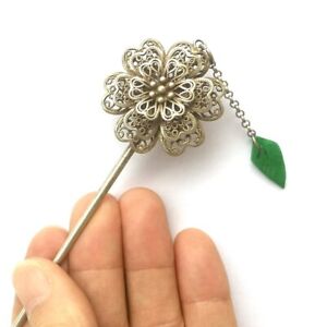 Collection Old Chinese Tibet Silver Jade Hand Made Flower Hairpin Hair L 17 5 Cm