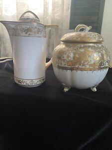 Early Hand Painted Nippon Raised Gold Leaf Footed Biscuit Jar Coffee Pot