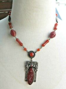 Antique Chinese Export Sterling Silver Red Jade Carnelian Necklace Pendant 17 