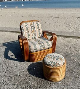 Paul Frankl Godfather Pretzel Chair Ottoman 10 Strand Rattan Art Deco Boho