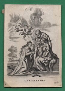 Mystical Marriage Of St Catherine 17th Cent Holy Card Engraving On Vellum