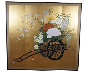 20th Century Japanese 4 Panel Flower Cart Painted Folding Screen Byobu 65 