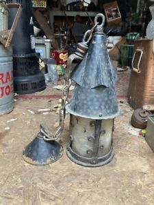 Vintage Antique Wrought Iron Cast Iron Gothic Hanging Glass Lamp Light Outdoors