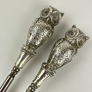 Fine Antique Sterling Silver Mounted Owl Form Shoe Horn Button Hook Set 21cm