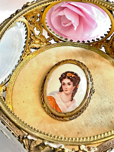 Vintage Limoges Hand Painted French Lady Porcelain Brooch Trombone Clasp