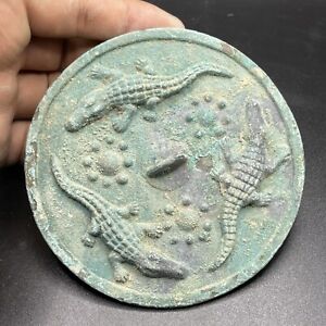 Ancient Luristan Bronze Mirror Depicting 3 Crocodile Details 1000bc
