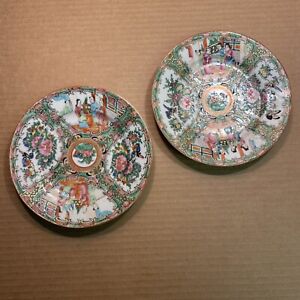  2 Antique Chinese Export Hand Painted Rose Medallion Porcelain Plates 7 1 4 