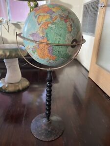 Vintage Reploge Word Globe Dual Axis Wood Metal Stand