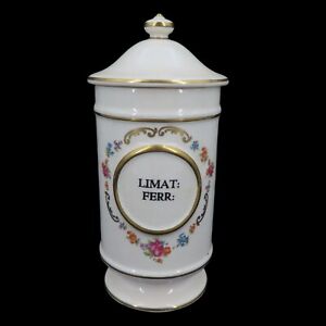 Vtg Limat Ferr Porcelain Apothecary Pharmacy Jar Container Gold Flower Scroll
