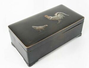Antique Japanese Mixed Metal Bronze Box Signed Nogawa Noboru Chickens Rooster