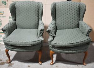 Pair Mahogany Queen Anne Style Armchairs Wing Chairs Green Patterned Fabric