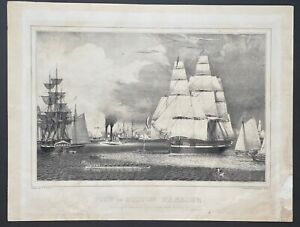 Rare Antique 1837 Fitz Hugh Lane View In Boston Harbor Lithograph Ship Map