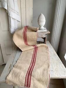 Grain Sack Fabric Antique Table Runner Gold With Blue Stripe Hand Woven Hemp