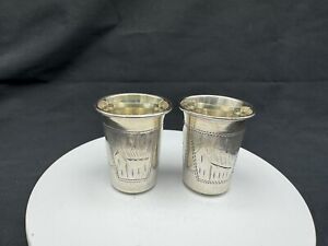 Lot Of 2 Antique Russian 84 Silver Shot Glasses Hand Engraved 25 Grams