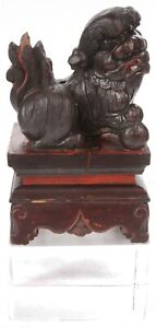 Antique Chinese Qing Carved Wood Food Dog On Plexiglass Shishi Temple China Old