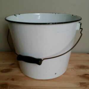 Vintage White Black Trim Enamel Bucket Wooden Bail Handle 1950 S