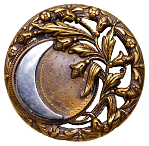 Large Antique Brass Steel Crescent Moon Button W Tiny Flowers Buds Nice 1 7 16