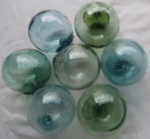Japanese Glass Fishing Floats 2 Lot 7 Multi Hued Makers Marks Glazing Antiques 