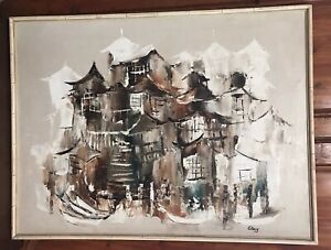 Mid Century Modern Asian Chinese Japanese Artist Abstract Art Oil Painting Yale