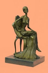 Rare Sculpture Signed Fisher Art Nouveau Deco Woman Figurine Decor Bronze Statue