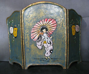 1920s Japanese Geisha Girl Sm Lacquerware Table Screen 15x22 Art Deco Antique