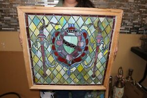 Antique Ornate Victorian C 1890 Stained Leaded Glass W Jewels 26 X 26 Window 1