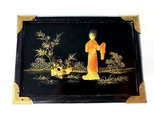 Black Lacquer Oriental Pattern Jewelry Box With Insert Tray