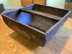 Primitive Antique Wooden Carrier Tote Dove Tailcurved Hand Painted Floral